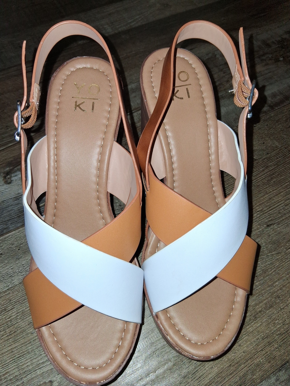 Yoki White and Tan Crisscross Slingback Sandals